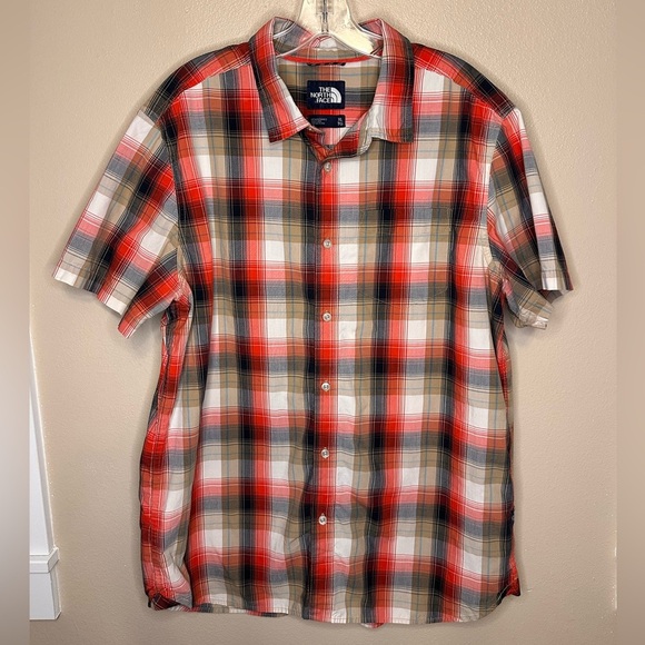 The North Face Men’s Button Down Short Sleeve Plaid Shirt Size XL Red Brown - Picture 1 of 5
